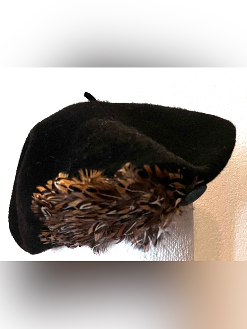 Vintage Black Wool Beret with Pheasant Feather Trim